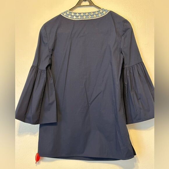 Tory Burch Navy 3/4 Sleeve Embellished Tunic cotton Blouse Size 2, NWT - Picture 2 of 7